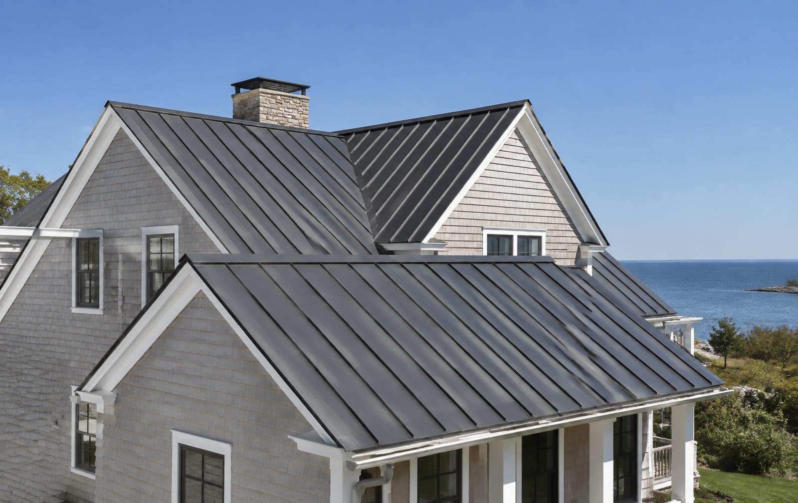 Dark standing seam metal roof on a shingled coastal New England house, showing clean vertical seams running from ridge to eave